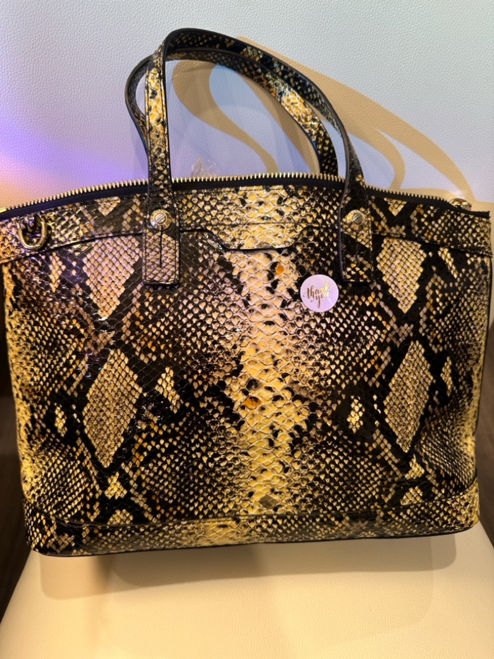 Henri Bendel W 57th Uptown Satchel Python Embossed yellow and black leather NWOT - Picture 9 of 11